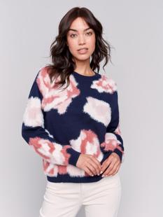 Charlie B Fuzzy Floral Jacquard Knit Sweater NAVY