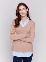 Charlie B V-Neck Fooler Sweater with Shirt Collar CARAMEL