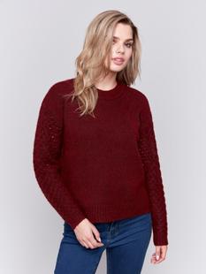 Charlie B Fishnet Sleeve Crew Neck Sweater CABERNET