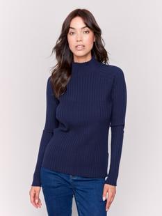 Charlie B Ribbed Knit Mock Neck Sweater NAVY