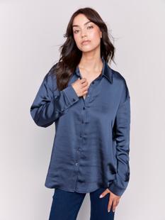 Charlie B Solid Satin Button-Down Shirt NAVY