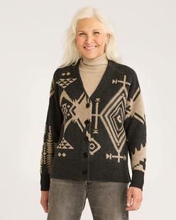 Pendleton Women's Lambswool Mixed Graphic Cardigan BLACK/TAUPE