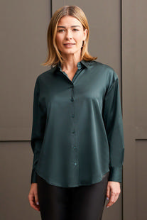 Tribal Women's Flowy Satin Button-Up Shirt ALPINEGREEN