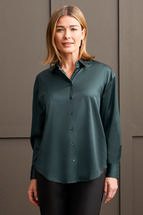 Tribal Women's Flowy Satin Button-Up Shirt ALPINEGREEN