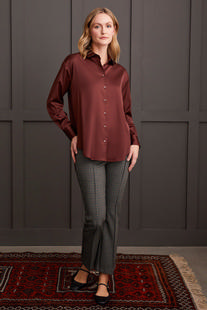 Tribal Women's Flowy Satin Button-Up Shirt RUM