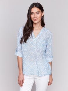 Charlie B Printed Viscose Half-Button Blouse BLUEBELL