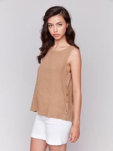 Charlie B Sleeveless Linen Top with Side Buttons BISCUIT