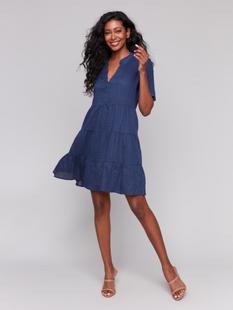 Charlie B Tiered Short Sleeve Linen Blend Dress NAVY