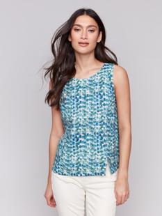 Charlie B Printed Sleeveless Linen Blend Top with Slit LILYPAD