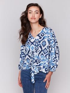 Charlie B Printed Popover Blouse with Front Tie IKAT