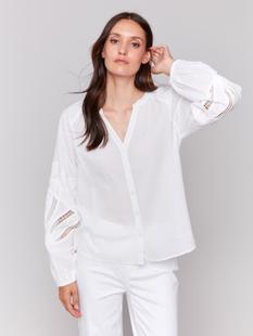 Charlie B Cotton Button-Front Blouse with Embroidery WHITE