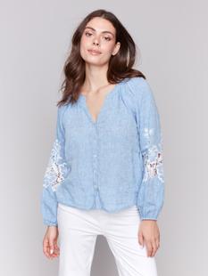 Charlie B Cotton-Linen Button-Front Blouse with Embroidery CHAMBRAY